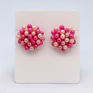 80s Vintage Womens Chunky Cotton Candy Pink Cluster Clip On Huggie Earrings 90s